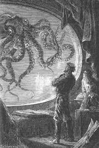 Illustration from 20,000 Leagues Under the Sea (Nikky and René Paul). Showing Captain Nemo looking out of a portal in the Nautilus at a giant squid