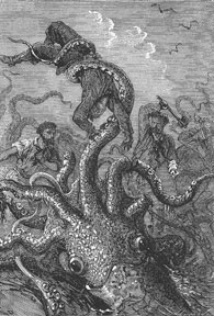 Illustration from 20,000 Leagues Under the Sea (Nikky and René Paul). Showing the crew under attack by the giant squid