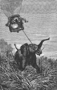 Illustrations from Five Weeks in a Balloon (Nikky and René Paul). Depicting an elephant towing the balloon 