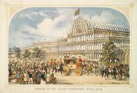 Opening of the Great Exhibition depicting The Crystal Palace in the background, the royal coach in mid-ground and a crowd of brightly dressed people in the fore