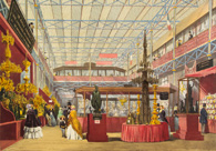 The French area of the exhibition showing ornate golden metalwork on crimson tables 