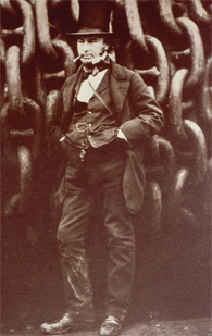 Isambard Kingdom Brunel stood against a background of huge chains (Institution of Civil Engineers)