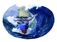 The stormy sea illustration (Illustration copyright James de la Rue) depicting a huge wave about to crash onto the ship