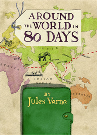 Cover of Children's edition of Around the World in Eighty Days (Illustration copyright James de la Rue) Depicting a background of a colourful map illustrated with landmarks, ships, elephant and place names the title is in the form of a luggage tag