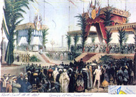 Opening of the Suez Canal, 1869, shows a crowd of people in the foreground and two stages each with a huge tent and palm trees in the background