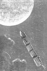 Illustration from From the Earth to the Moon (Nikky and René Paul). Showing a space rocket on course for the moon