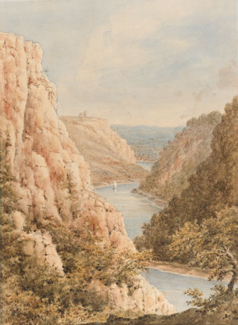 An early nineteenth-century watercolour of Clifton Gorge by Marianne Smith (private collection). This predates the building of Brunel's Suspension Bridge but the Clifton Observatory can be seen in the distance.