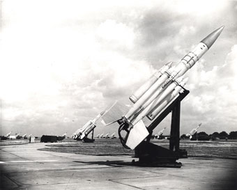 Bristol-Ferranti Bloodhound I missiles on their launchers at Royal Air Force Station, Watton. Picture from the Aviation Archive website.