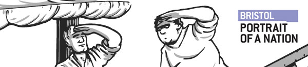 Characters from the comic with Portrait of a Nation - Bristol logo