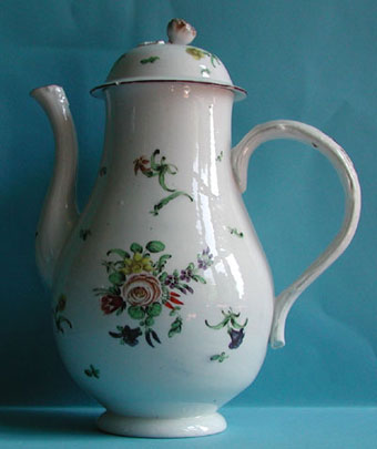 A Cookworthy pounce pot, 1770, and a Champion coffee pot, c 1775. Photographs from The Story of Bristol Pottery and Porcelain website.