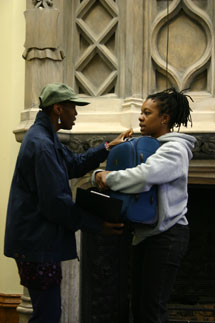 Ruth Pitter and Valerie Mower performing an extract from the Our Stories Make Waves' assembly on migration at the Bristol launch (Laura Thorne).