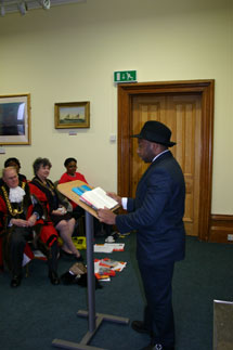     Small Island paperback cover (Headline).   Readings on launch day  in Bristol    Poet Edson Burton reading an extract narrated by Gilbert (Laura Thorne).    Valda Jackson of the artists' group Our Stories Make Waves reading the part of Hortense (Laura Thorne).    Saskia Portway of Shakespeare at the Tobacco Factory reading the part of Queenie (Laura Thorne).  