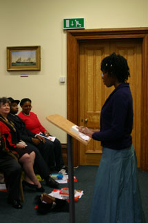 Valda Jackson of the artists' group Our Stories Make Waves reading the part of Hortense (Laura Thorne).