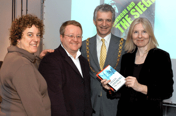 Juliet Annan (Helen Dunmore's editor), Andrew Kelly (director BCDP), Cllr Simon Cook (Bristol Lord Mayor) and Helen Dunmore.